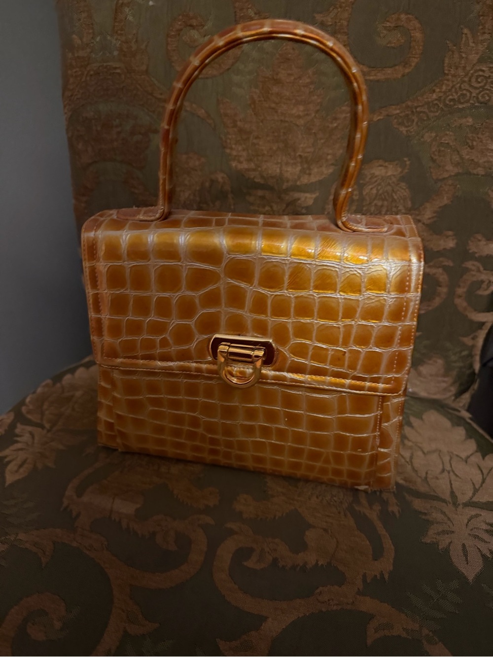 Vintage Croc-Embossed Structured Top Handle Satchel in Caramel Brown